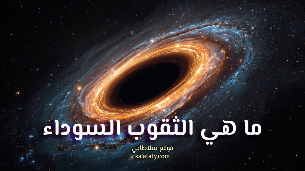 "صورة مذهلة لثقب أسود ضخم يحيط به قرص مضيء من الغاز المتوهج، مع نفاثات طاقة تمتد عبر الفضاء وسط خلفية من النجوم اللامعة."