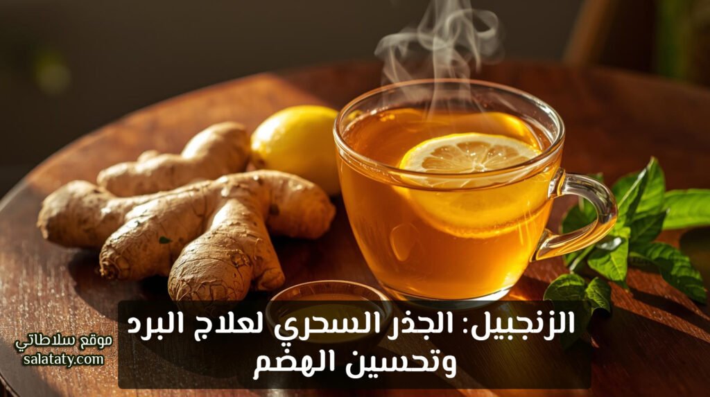 شاي زنجبيل طازج مع عسل وليمون على طاولة خشبية