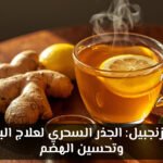 شاي زنجبيل طازج مع عسل وليمون على طاولة خشبية"