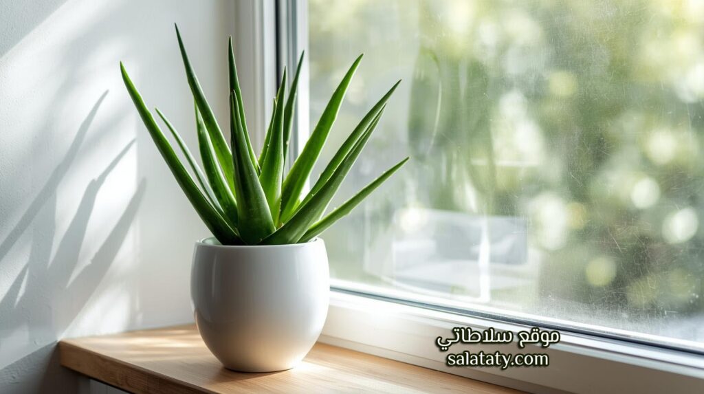 نبتة ألوفيرا خضراء في أصيص أبيض أنيق موضوعة بجانب نافذة يدخل منها ضوء طبيعي ناعم، الأوراق سميكة وطازجة ويُظهر المشهد جوًا منزليًا هادئًا وجذابًا