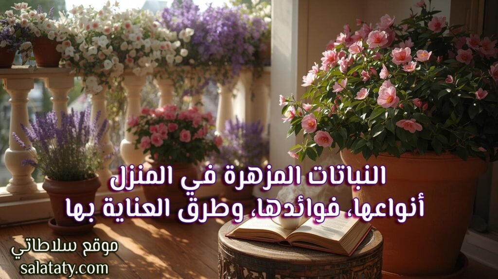 شرفة منزلية أنيقة مليئة بالضوء الطبيعي، تتوزع فيها أصص من الياسمين الأبيض المتدلي واللافندر البنفسجي الفوّاح، مع وجود أصيص كبير من الكاميليا الوردية في الزاوية. الأرضية خشبية دافئة، وعلى الطاولة الصغيرة كتاب مفتوح وكوب شاي، مما يمنح إحساسًا بالهدوء والرومانسية وسط الأزهار الملونة والعطر الطبيعي. 
