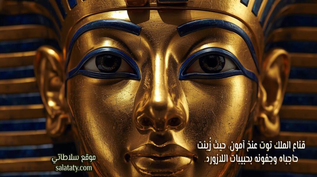 قناع الملك توت عنخ آمون، حيث زُينت حاجباه وجفونه بحبيبات اللازورد.