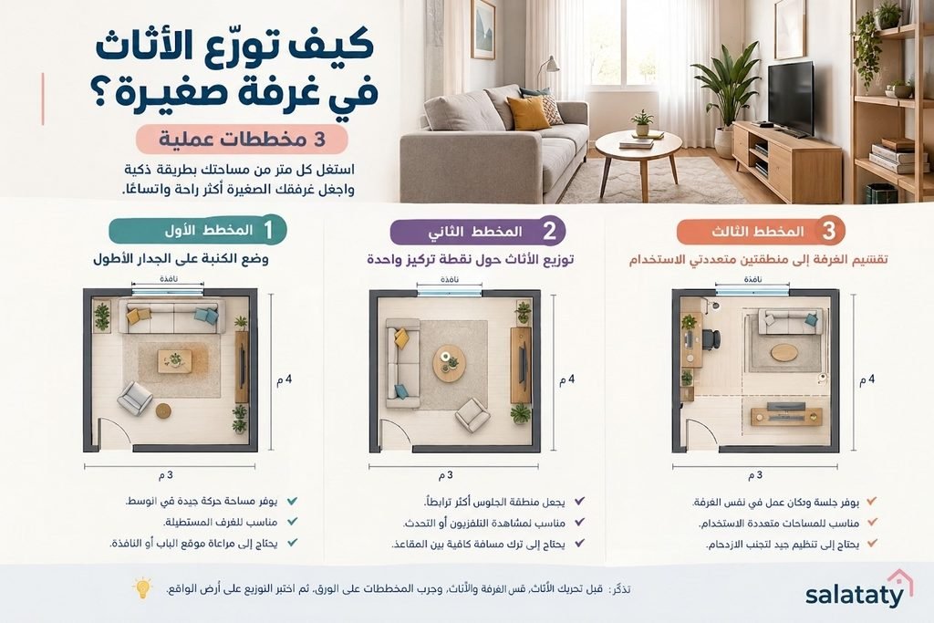 3 مخططات عملية لتوزيع الأثاث في غرفة صغيرة مع توضيح أماكن الكنبة والتلفزيون والمكتب.