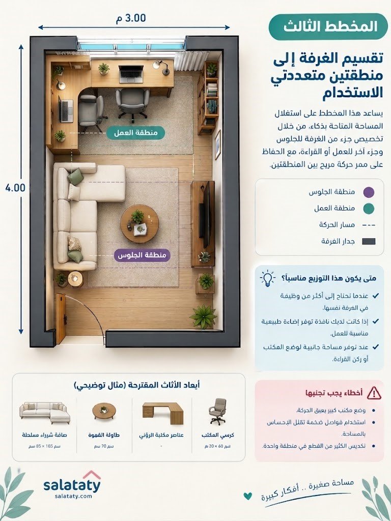 3 مخططات عملية لتوزيع الأثاث في غرفة صغيرة مع توضيح أماكن الكنبة والتلفزيون والمكتب.